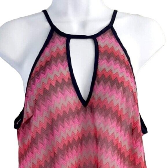 2/$15 Blue Rain Chevron Tank Top Pink Large Keyhole Sleeveless Semi Sheer Ties - Picture 2 of 7